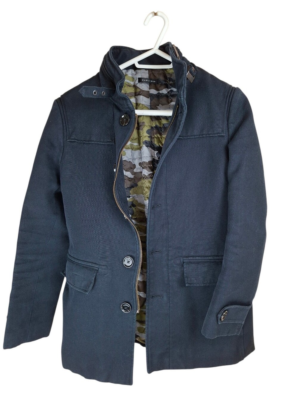 Zara Man Winter Black Coat Quilted Camo Lining Size Small